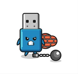 Character mascot of flash drive usb as a prisoner