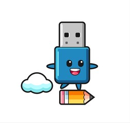 flash drive usb mascot illustration riding on a giant pencil