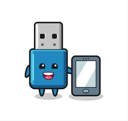 flash drive usb illustration cartoon holding a smartphone