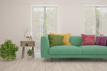 White living room with sofa and summer landscape in window. Scandinavian interior design. 3D illustration