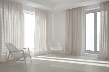 modern empty room with two armchairs and curtains interior design. 3D illustration