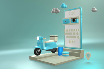Shopping online and delivery on popular mobile applications around the world with light blue phone and the light blue motorcycle on gradient light blue background.3D rendering