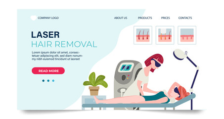 Laser hair removal landing page template. Web page with vector illustration of a beautician doing armpit laser hair removal to a young woman