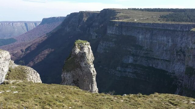 Aerial drone impressive landscapes of the ravines on Mount Txarlazo de Ordu&ntilde;a in the Basque Country