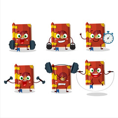 A healthy fire book of magic cartoon style trying some tools on Fitness center