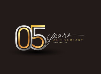 5th years anniversary logotype with multiple line silver and golden color isolated on black background for celebration event.