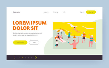 Tourists relaxing on beach. People swimming in sea, playing ball, drinking cocktail flat vector illustration. Vacation, summer, outdoor activity concept for banner, website design or landing web page