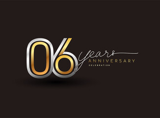 6th years anniversary logotype with multiple line silver and golden color isolated on black background for celebration event.
