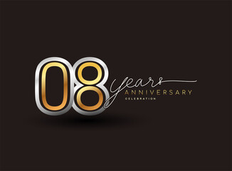 8th years anniversary logotype with multiple line silver and golden color isolated on black background for celebration event.