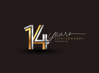 14th years anniversary logotype with multiple line silver and golden color isolated on black background for celebration event.