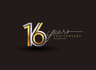 16th years anniversary logotype with multiple line silver and golden color isolated on black background for celebration event. - obrazy, fototapety, plakaty