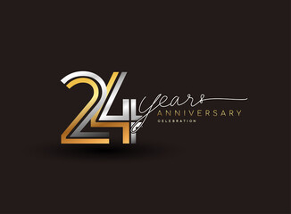 24th years anniversary logotype with multiple line silver and golden color isolated on black background for celebration event. - obrazy, fototapety, plakaty