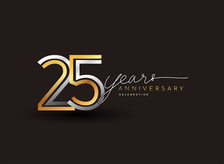 25th years anniversary logotype with multiple line silver and golden color isolated on black background for celebration event.