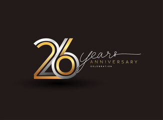 26th years anniversary logotype with multiple line silver and golden color isolated on black background for celebration event.