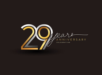 29th years anniversary logotype with multiple line silver and golden color isolated on black background for celebration event.