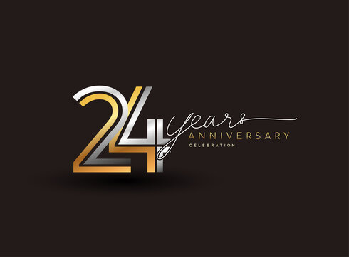 24th years anniversary logotype with multiple line silver and golden color isolated on black background for celebration event.