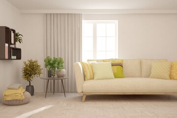 White stylish minimalist room with sofa. Scandinavian interior design. 3D illustration