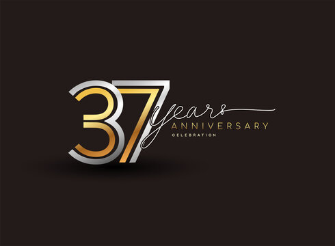 37th years anniversary logotype with multiple line silver and golden color isolated on black background for celebration event.