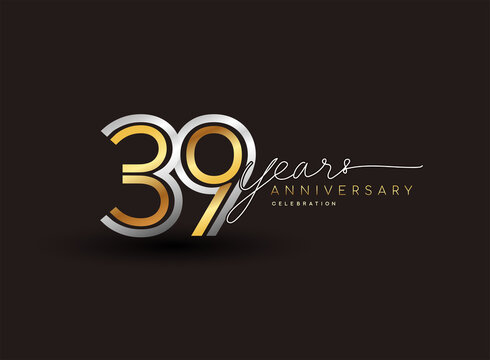 39th years anniversary logotype with multiple line silver and golden color isolated on black background for celebration event.