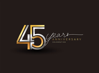 45th years anniversary logotype with multiple line silver and golden color isolated on black background for celebration event. - obrazy, fototapety, plakaty