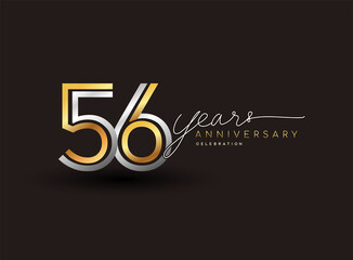 56th years anniversary logotype with multiple line silver and golden color isolated on black background for celebration event.