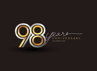 98th years anniversary logotype with multiple line silver and golden color isolated on black background for celebration event.