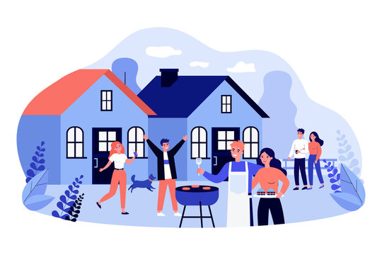 Friends Having Fun At Backyard Barbecue Party. Flat Vector Illustration. Neighbors, Young Married Couples Relaxing, Grilling Food Together. Weekend, Vacation, Family, Friendship, Food, Party Concept