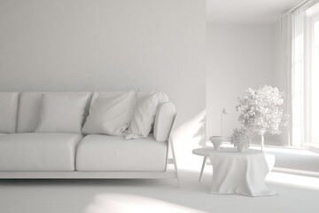 Mock up of stylish room in white color with sofa. Scandinavian interior design. 3D illustration