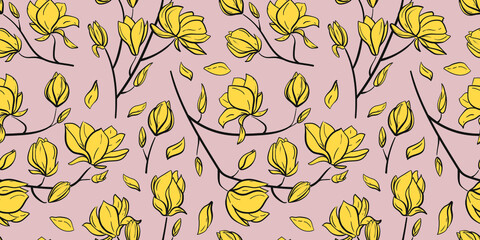 Fototapeta na wymiar Bright vector seamless pattern with branchs of yellow magnolia on delicate powdery pink background