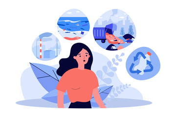 Woman concerned about environmental pollution. Flat vector illustration. Person thinking about ocean and air pollution, recycling, waste disposal. Environmental protection, consumption, nature concept