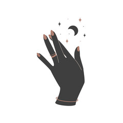 Alchemy esoteric magic celestial talisman with woman hand with rings and moon sacred geometry. Spiritual occultism object. Vector illustration © Olga Rai
