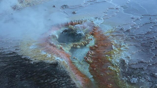 Boiling geysers with steam rising to the sky in Iceland.