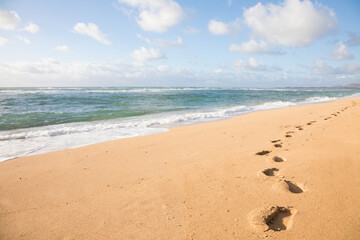 Fototapeta na wymiar Foot prints on sand by ocean