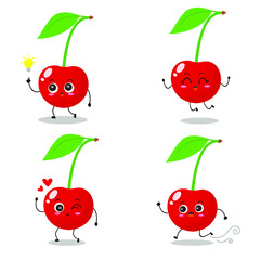 Vector illustration of red cherry character with cute expressions, berry isolated on white background, simple minimal style, fresh fruit for mascot collection, emoticon