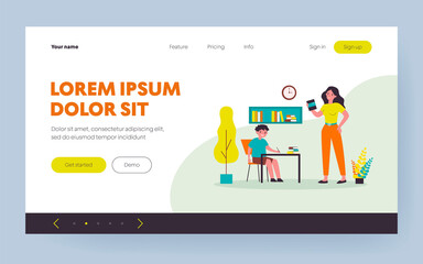 Mom helping son to do school home task. Boy writing at desk, woman holding book flat vector illustration. Education, knowledge, studying concept for banner, website design or landing web page