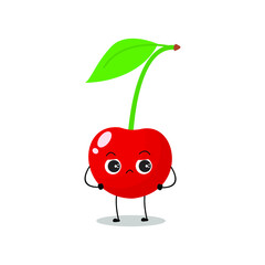 Vector illustration of red cherry character with cute expressions, sad and upset, berry isolated on white background, simple minimal style, fresh fruit for mascot collection, emoticon