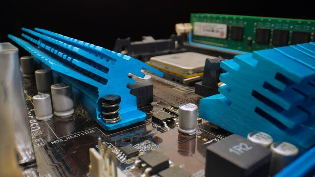 Inside the pc. Close view at computer motherboard