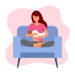 Smiling young mother breastfeeding baby in her arms flat design on white background.