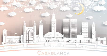 Casablanca Morocco City Skyline in Paper Cut Style with White Buildings, Moon and Neon Garland.