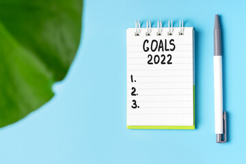 The inscription goals 2022 on notepad and green plant on blue background.