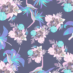 Obraz premium Violet Pattern Palm. Indigo Tropical Art. Navy Floral Art. Cobalt Flora Leaf. Purple Decoration Vintage. Coral Wallpaper Palm. Blue Spring Painting.