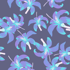 Fototapeta na wymiar Blue Seamless Vintage. Navy Pattern Hibiscus. Azure Tropical Palm. Indigo Flower Leaf. Cobalt Floral Background. Flora Textile. Spring Exotic. Garden Leaf