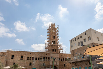 Reconstruction of the famous clock tower on the shore in the port in the old city of Acre in northern Israel