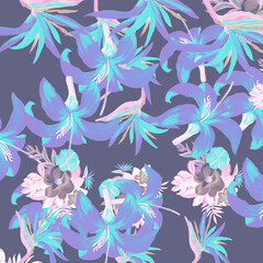 Fototapeta na wymiar Cobalt Pattern Foliage. Blue Tropical Textile. Coral Floral Palm. Violet Flora Design. Purple Decoration Painting. Navy Wallpaper Vintage. Indigo Spring Background.
