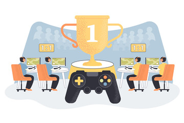 Competition in computer games flat vector illustration. Two teams of players sitting in front of computers fighting for victory, gold winners cup and giant joystick. Esports, champion, pc concept