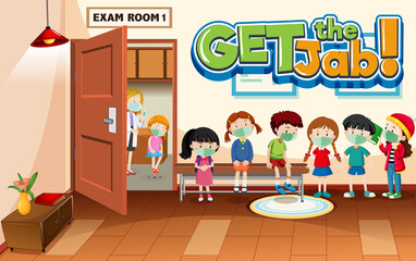 Get the Jab font banner with many kids waiting in a queue in hospital scene