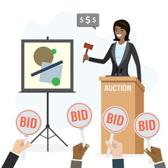 Auction, concept banner. Cartoon female auctioneer uses hammer for sells works of art. Various hand holds bid signs. Sale of rare art.