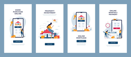 Property, mortgage concepts set. House buying online, monthly payment, real estate investment, digital mortgage. Property loan banners collection for website development.Flat vector illustration
