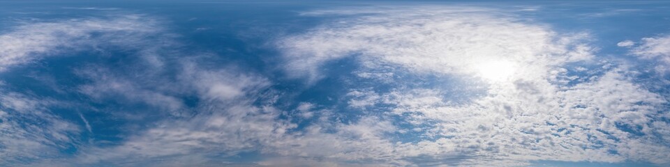 Blue sky panorama with Cumulus clouds. Seamless hdr 360 degree pano in spherical equirectangular format. Complete zenith for 3D visualization, game and sky replacement for aerial drone 360 panoramas.