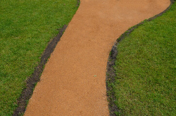 A narrow trail of natural orange and yellow bark leads along the glass building and pebble mulch....